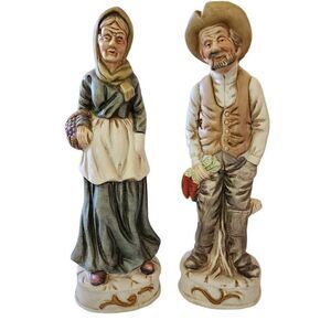 Hand Painted Rare Vintage 2-Piece Porcelain Old Couple Farmer Figurine Size 10"